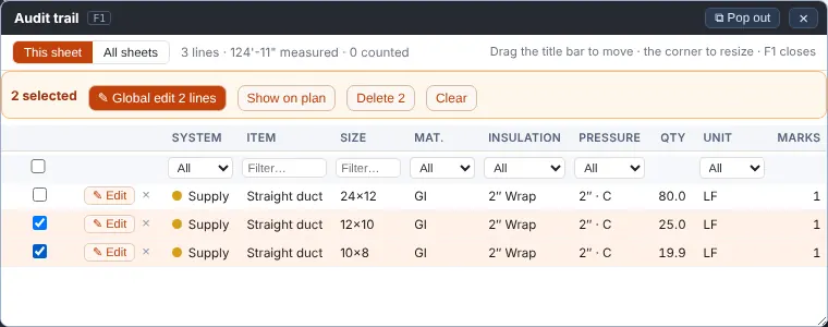 Audit trail with insulation and pressure columns and two lines selected for global edit