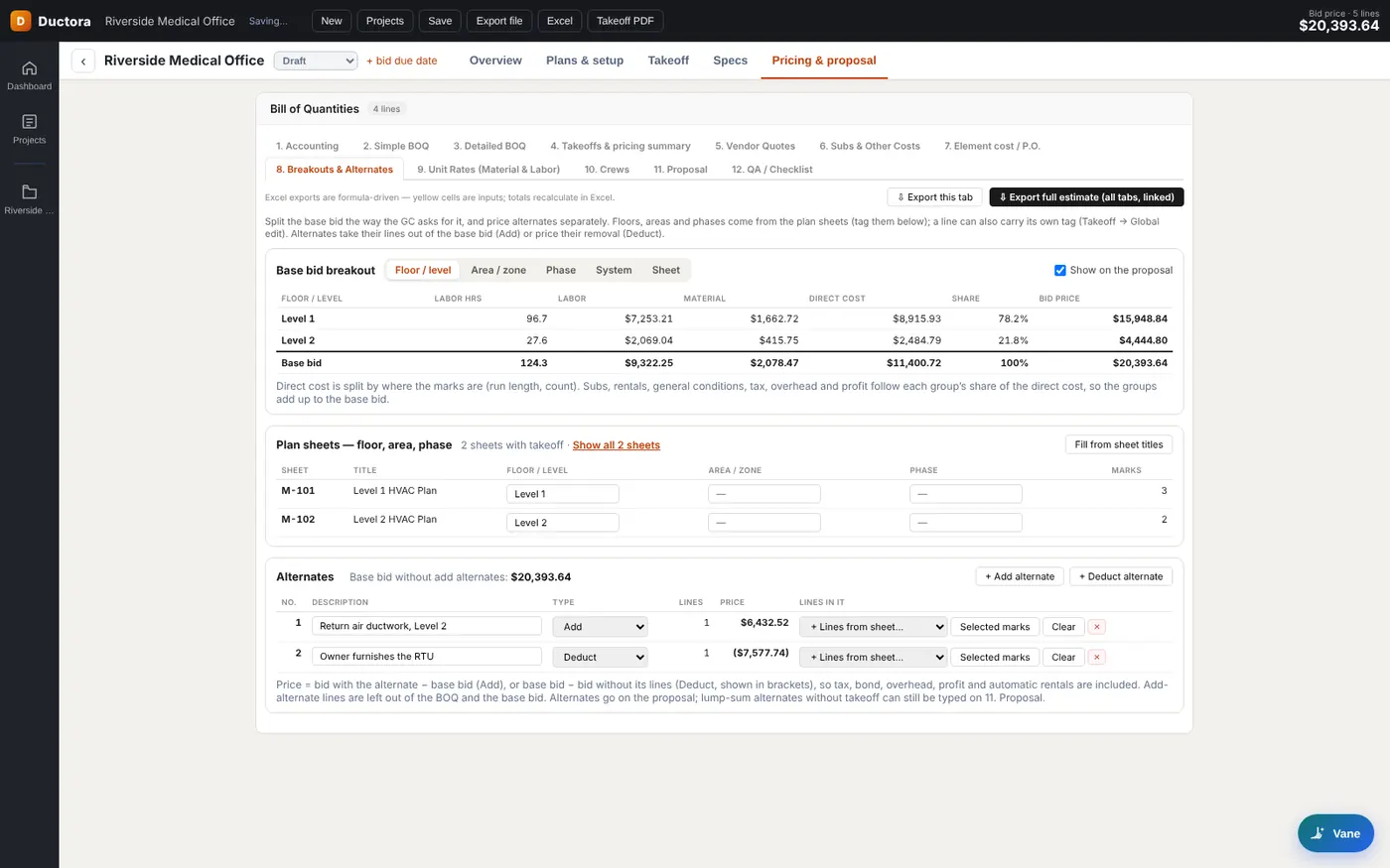 Base bid breakout by floor and a list of add and deduct alternates with prices