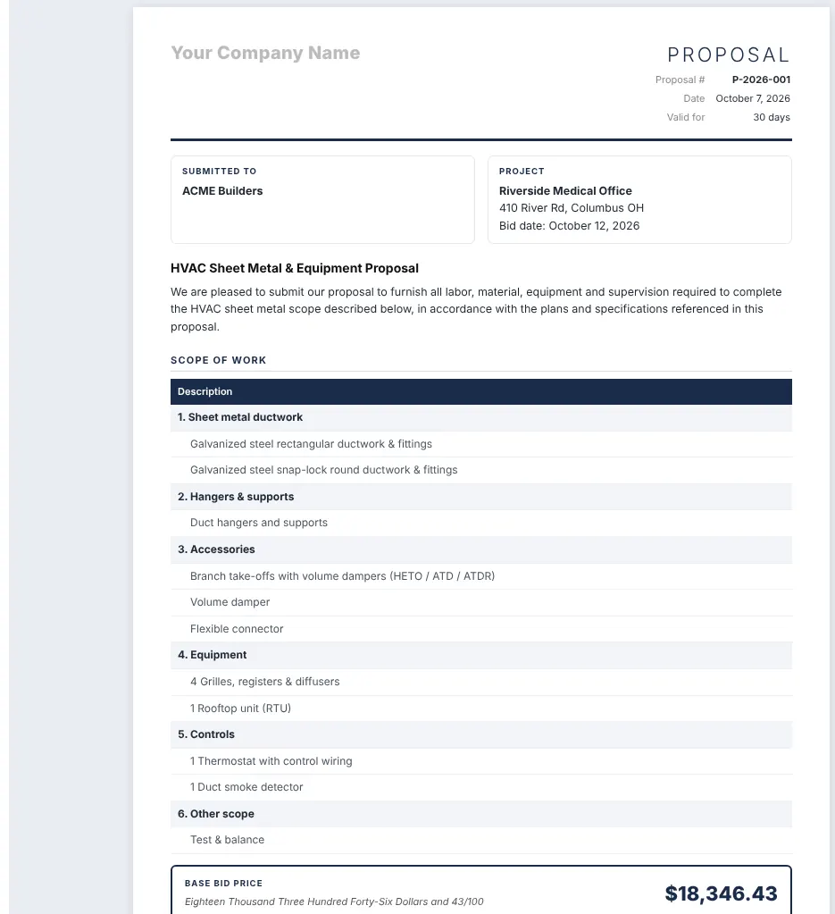 Proposal document with scope of work by section and the base bid price